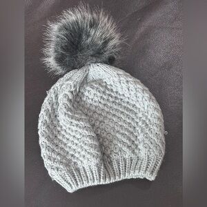 Gray Knit Beanie with Faux Fur Pom-Pom